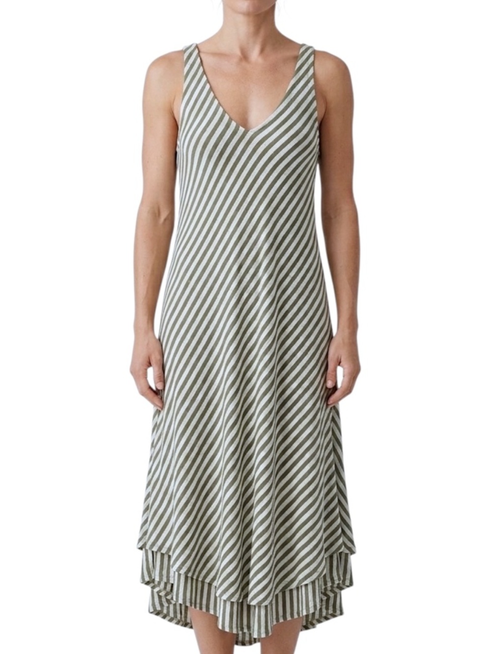 Angela Mara Italy khaki green beige stripe old money cotton blend summer dress L